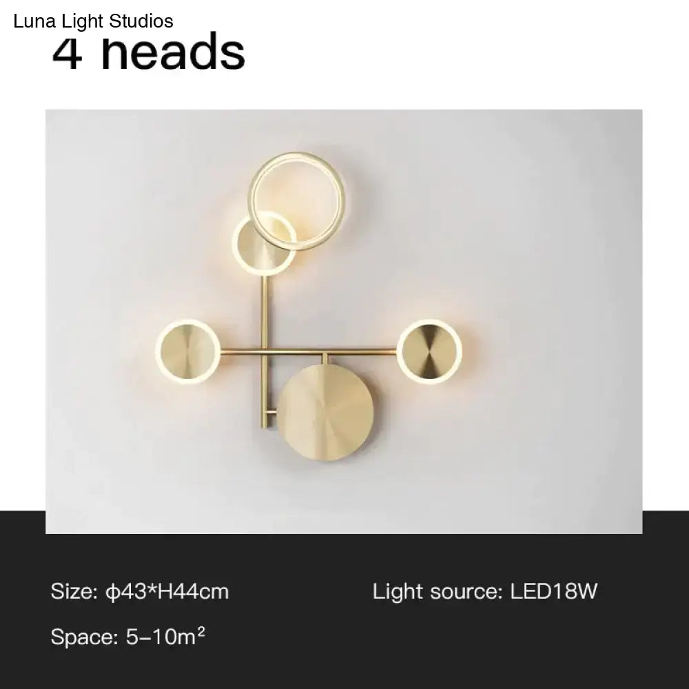 Modern golden geometric led wall lamp with four circular light heads for living room wall lamp lighting