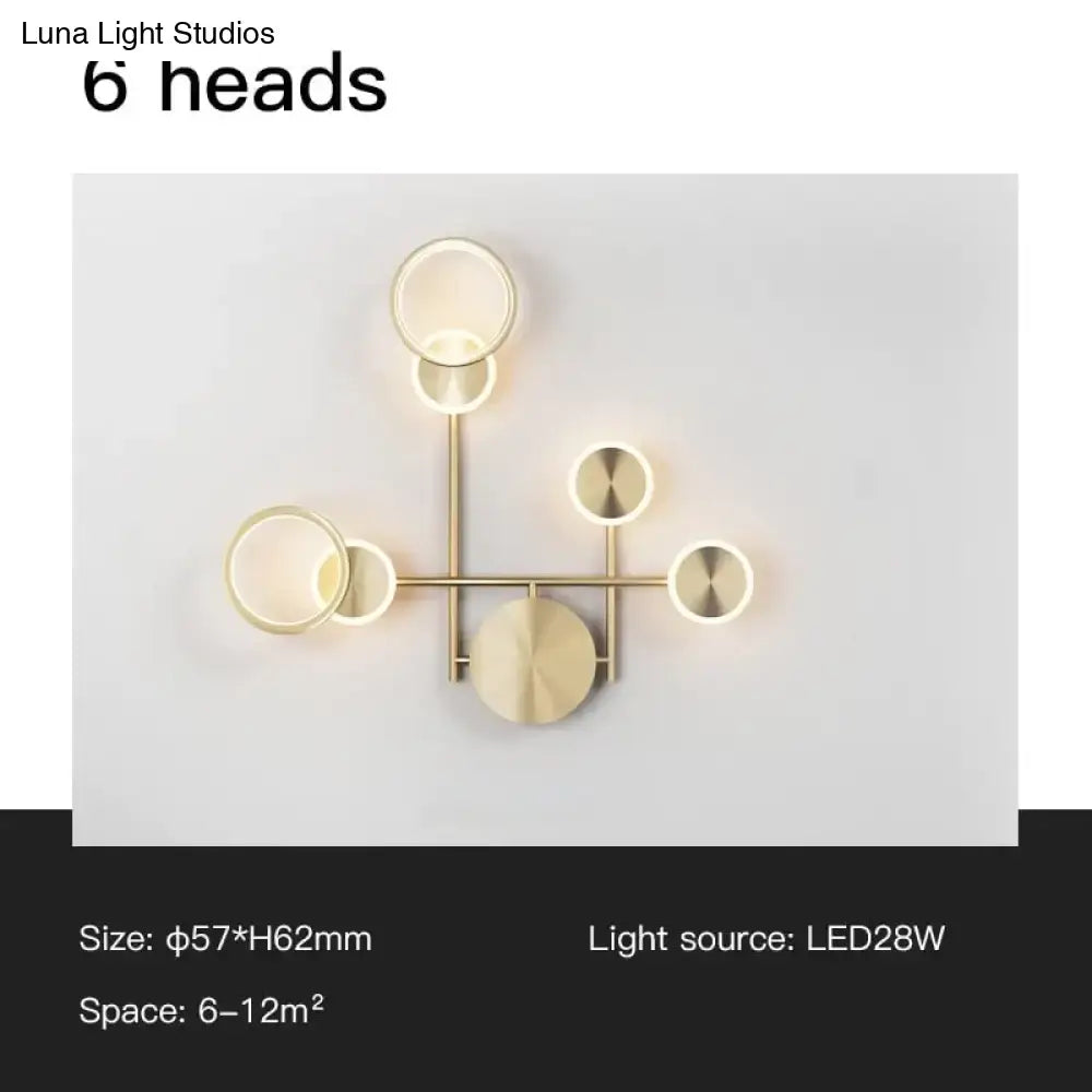 Modern golden geometric led wall lamp with six circular light heads for living room wall lamp lighting