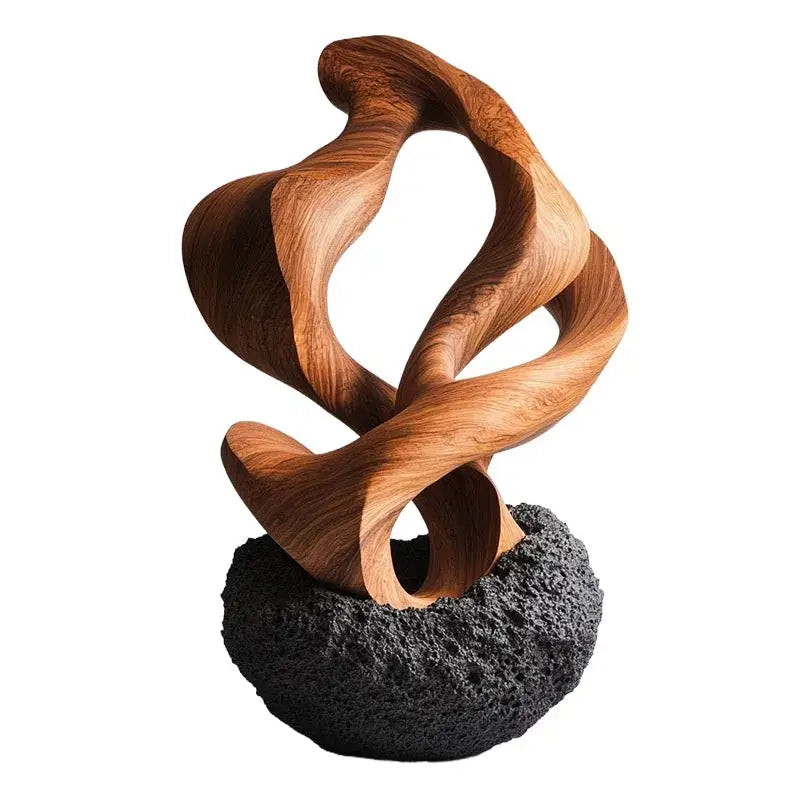 Modern golden geometric resin sculpture with flowing wooden curves on volcanic rock base for home decor and decorbites golden geometric style