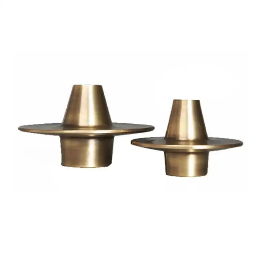Pair of brass candle holders with conical tops and flat bases for decorbites golden geometry metal handicraft decor