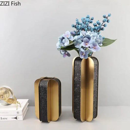 Modern golden geometry vase in black and gold textured metal for decorbites golden geometry desk and bedroom decor