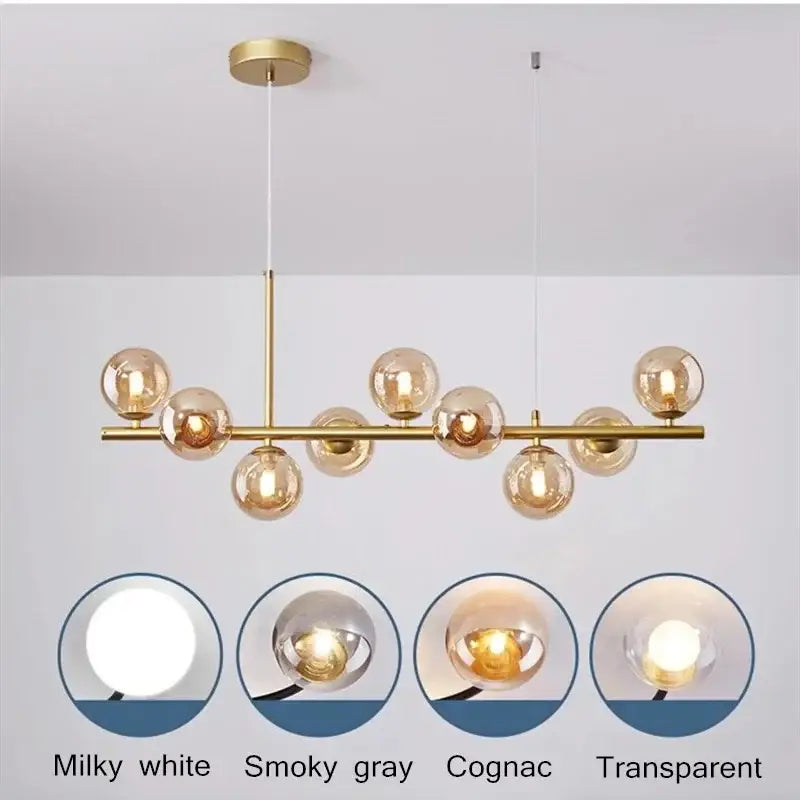 Modern golden glass ball chandelier featuring a gold-toned horizontal bar with multiple spherical glass globes for dining room decorbites golden glass pendant light