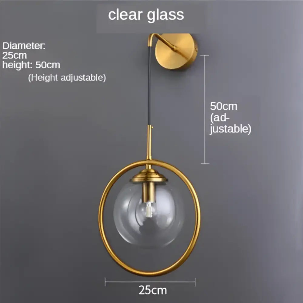 Modern golden glass ball wall sconce with gold-toned metal frame clear glass globe adjustable height and diameter decorbites golden glass