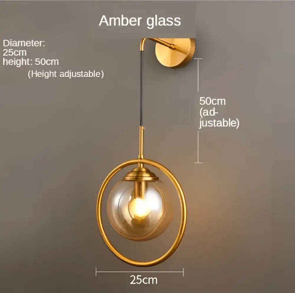 Modern golden glass ball wall sconce with amber globe encircled by golden ring and adjustable height for living room decorbites golden glass