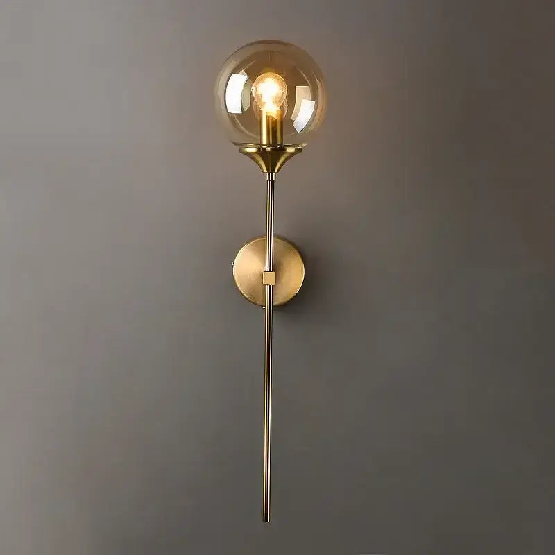 Modern golden glass ball wall sconce with brass finish amber globe and exposed filament bulb for living room decorbites golden glass