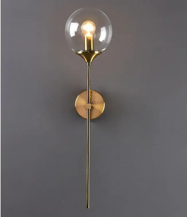 Brass-finished wall sconce with clear glass globe and exposed bulb in decorbites golden glass ball living room lighting