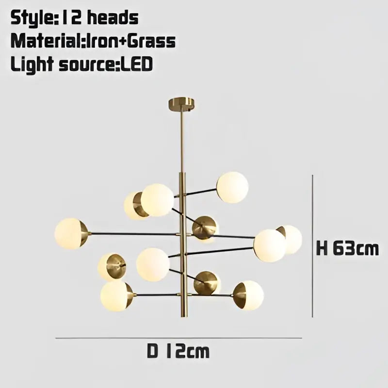 Modern golden glass magic bean chandelier with brass finish and spherical bulbs on black metal arms for dining room decorbites golden glass