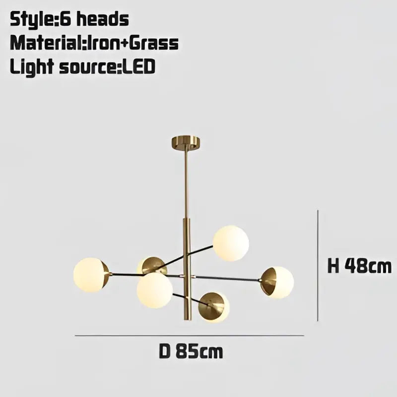 Modern golden glass magic bean chandelier in brass finish with six frosted glass light heads for dining room decorbites golden glass