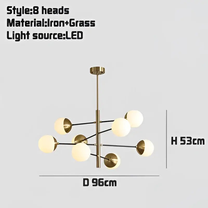 Modern golden glass magic bean chandelier with brass finish iron frame and eight frosted glass globe lights for dining room decorbites golden glass