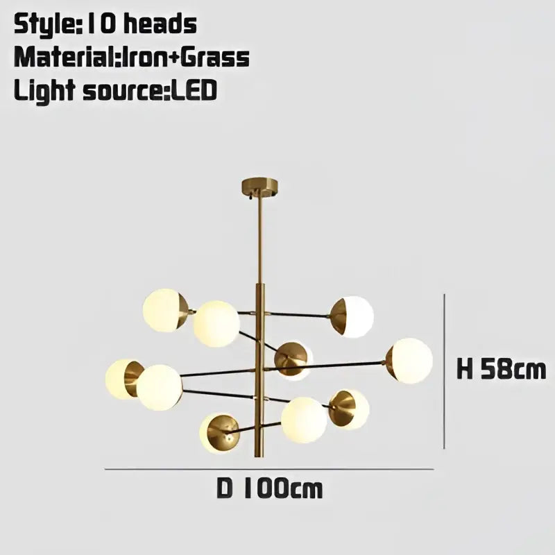 Modern golden glass magic bean chandelier with brass finish and ten frosted glass bulbs for dining room decorbites golden glass