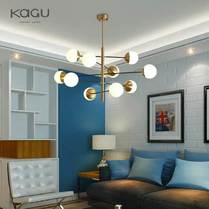 Modern golden glass magic bean chandelier with spherical white glass globes for dining room decorbites golden glass design
