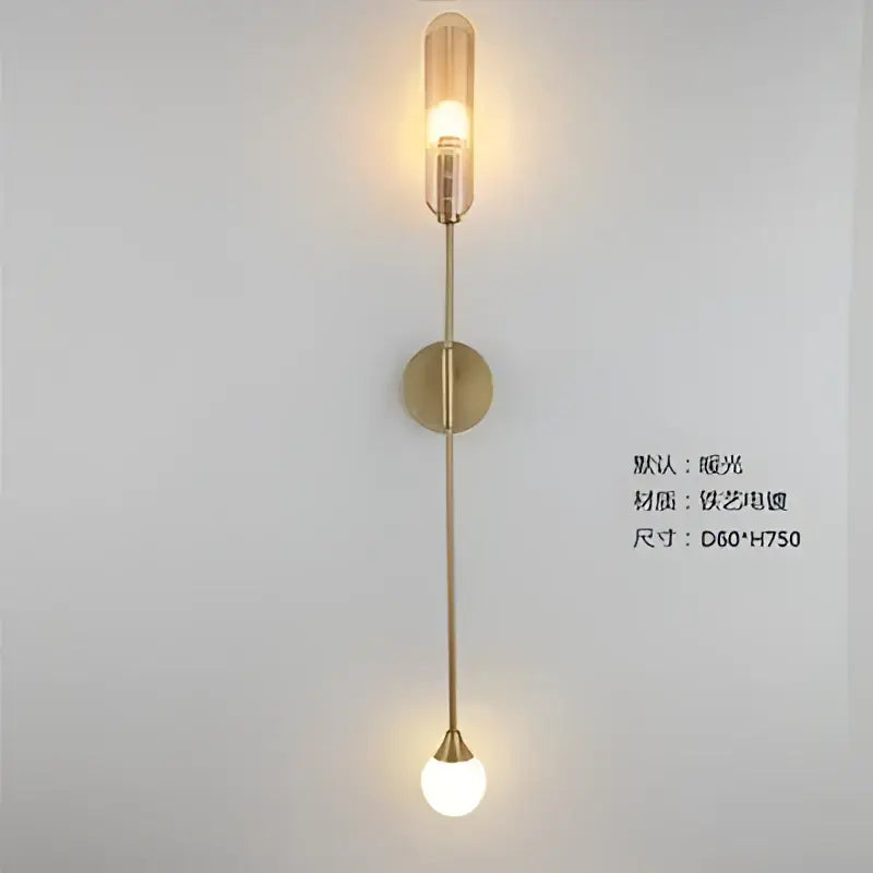 Modern golden inclined tube wall lamp with slender vertical stem and two glass bulbs for living room decorbites golden inclined
