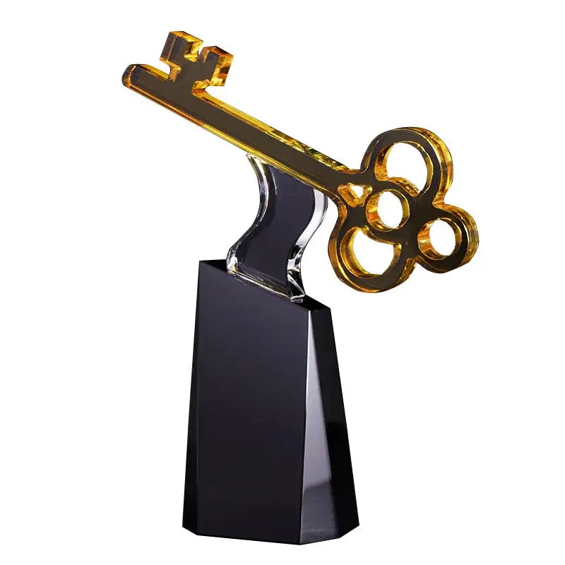 Modern golden key crystal trophy with translucent design on black acrylic base for decorbites crystal trophy living room decor