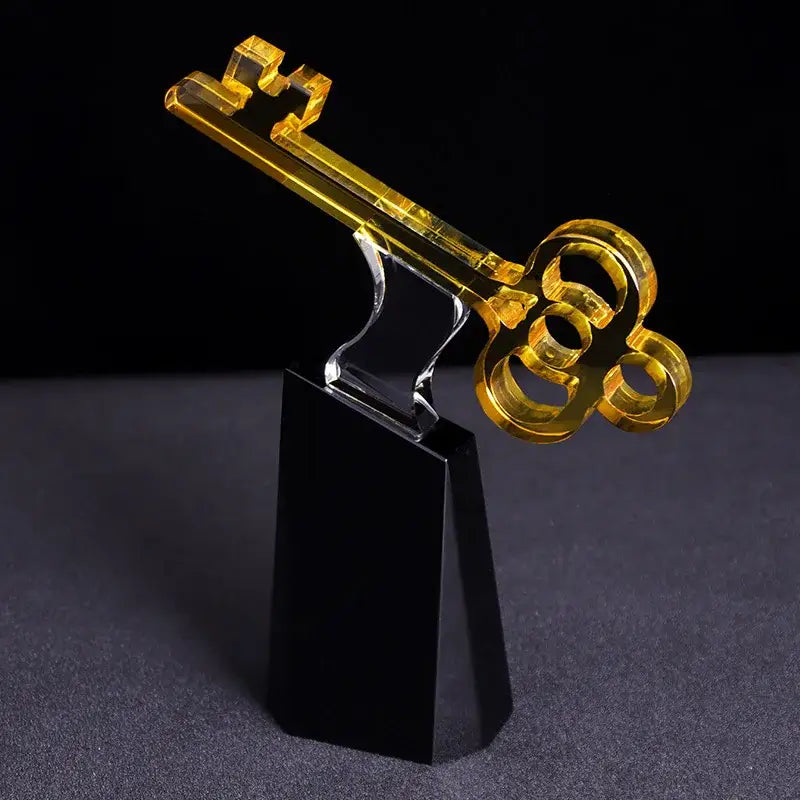 Modern golden key crystal trophy with golden translucent acrylic key on black crystal base for living room decorbites decor