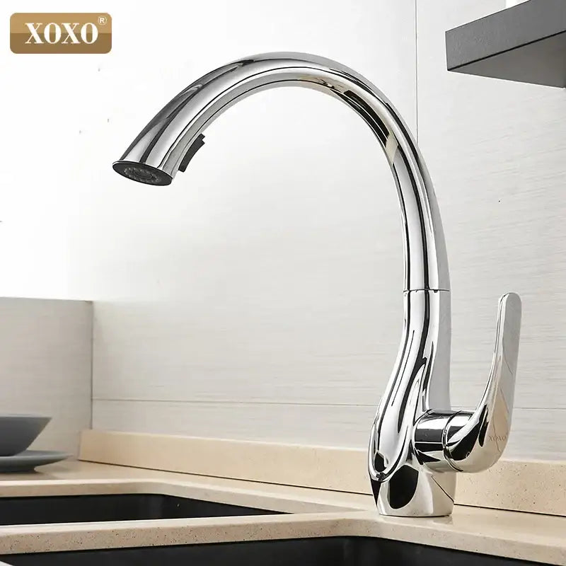 Modern golden kitchen faucet by xoxo with chrome finish single handle and sleek curved pull down spray head decorbites golden kitchen faucet