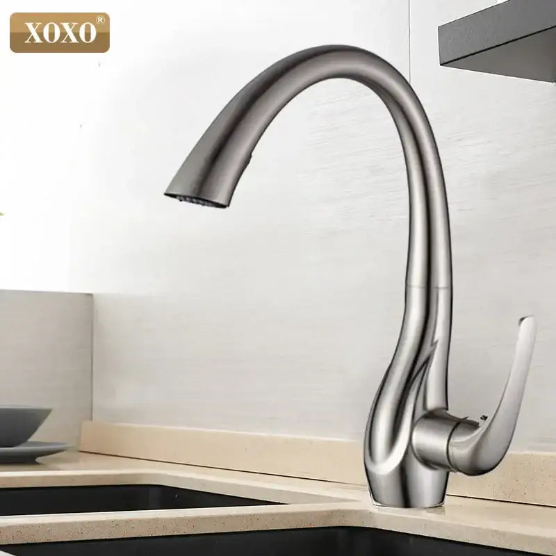 Modern golden kitchen faucet by decorbites with single handle pull out spray head and brushed stainless steel curved spout