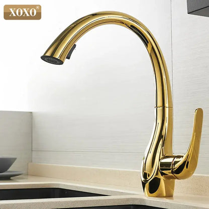 Modern golden kitchen faucet by decorbites with single handle pull-down spray head and curved spout design