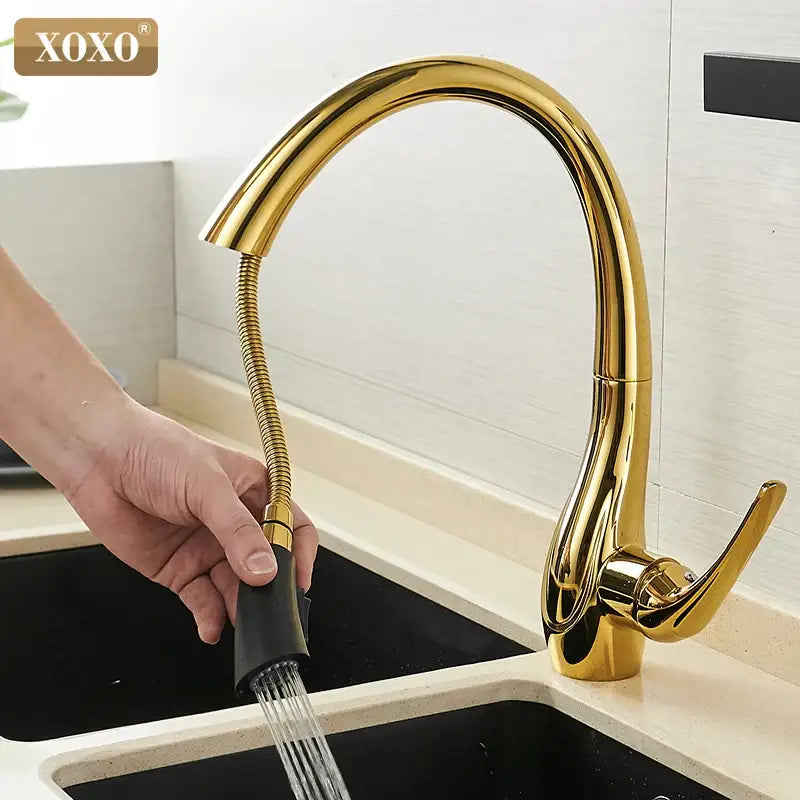 Modern golden kitchen faucet by decorbites with single handle and flexible pull-out spray head in gold finish