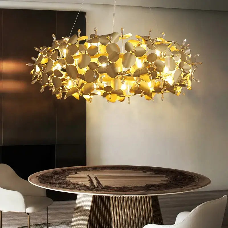 Modern golden leaf crystal firefly ceiling chandelier with a pendant design perfect for dining room decorbites crystal firefly