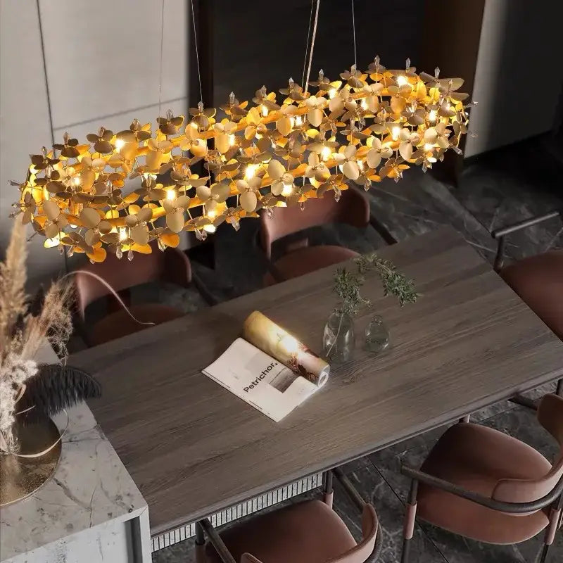 Modern golden leaf crystal firefly ceiling chandelier with crystal firefly decorbites design above dining table