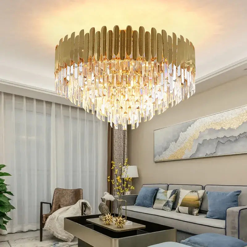 Modern golden led crystal ceiling light with gold-toned chandelier and cascading crystal prisms for luxury living room decorbites golden led
