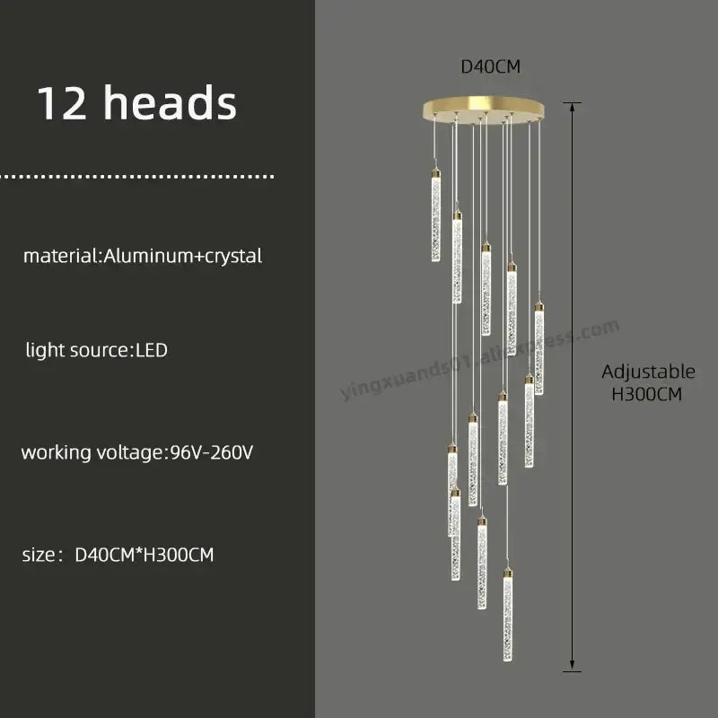Modern golden led crystal chandelier with 12 gold-toned heads and crystal rods for living room staircase decorbites golden led