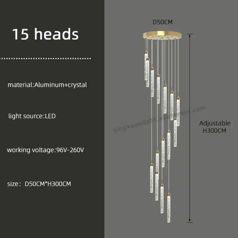 Modern golden led crystal chandelier with 15 heads gold-toned base aluminum rods for living room staircase decorbites led crystal
