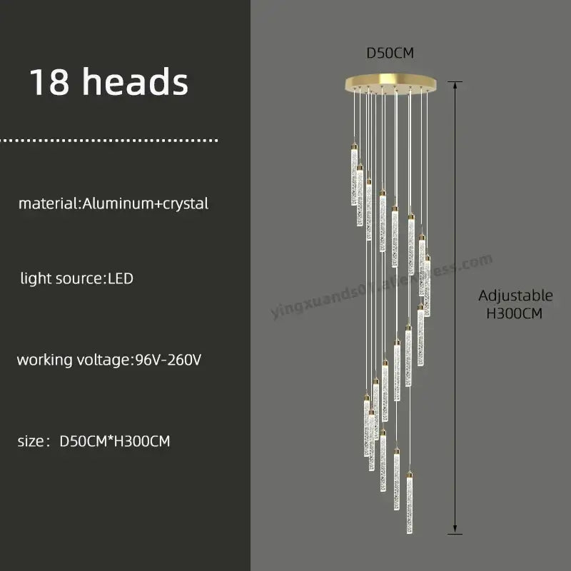 Modern golden led crystal chandelier with 18 heads featuring a gold-toned base and aluminum rods for living room decorbites golden led