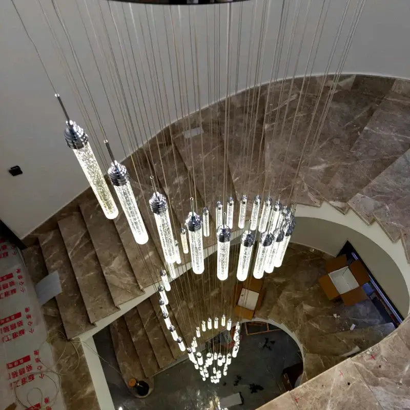 Modern golden led crystal chandelier with cylindrical glass pendants and chrome finish for living room staircase decorbites golden led