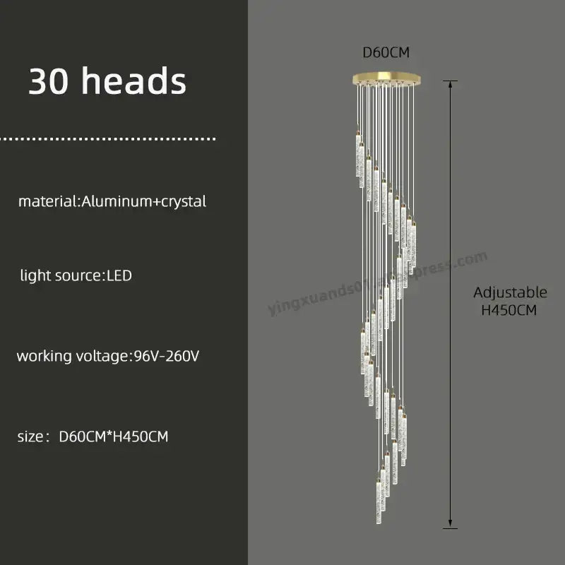 Modern golden led crystal chandelier with 30 crystal-encrusted aluminum heads on a gold-toned circular base for staircase decorbites golden led