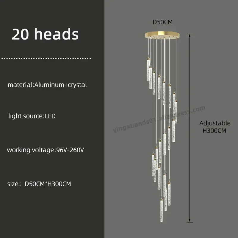 A modern golden led crystal chandelier with 20 crystal-encrusted aluminum heads for living room staircase decorbites lighting