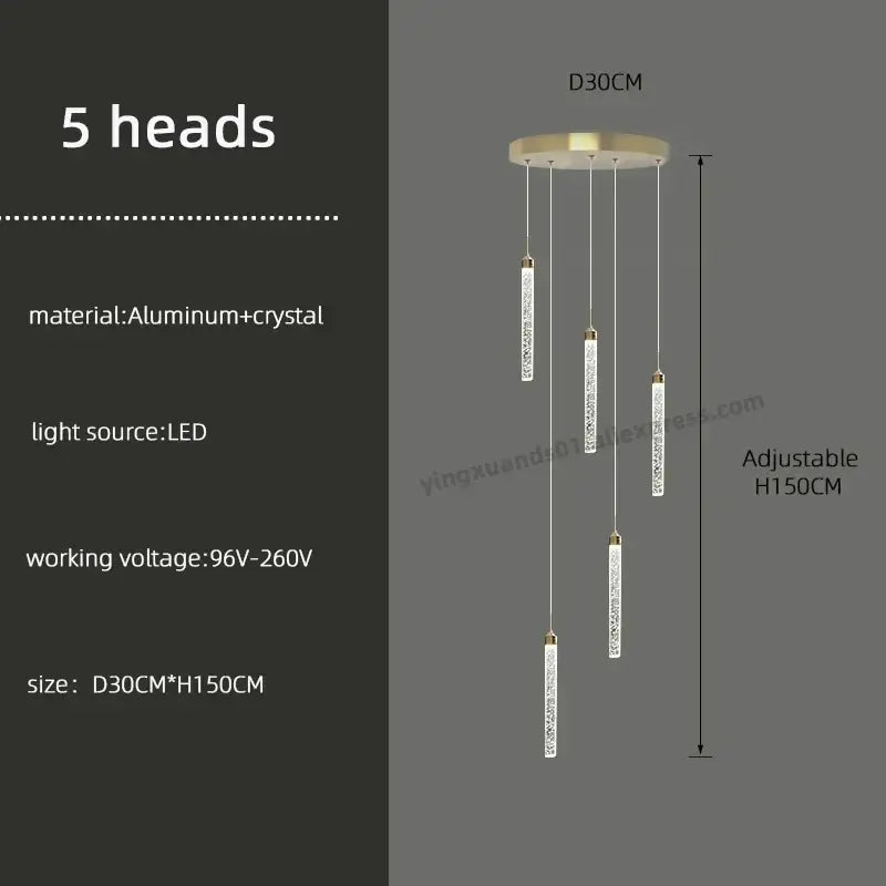 Modern five-head pendant light with gold-toned base and crystal-encrusted rods for decorbites golden led chandelier