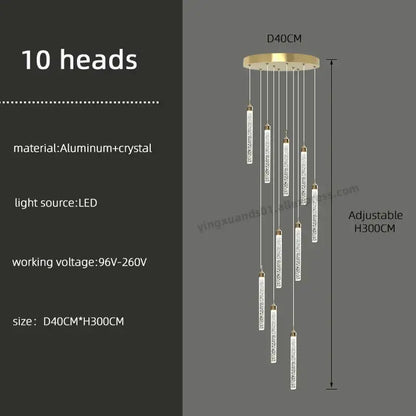 Modern decorbites golden led crystal chandelier with ten crystal-encrusted aluminum rods for living room stairs lighting