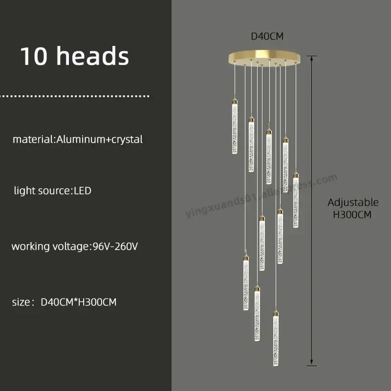 Modern decorbites golden led crystal chandelier with ten crystal-encrusted aluminum rods for living room stairs lighting