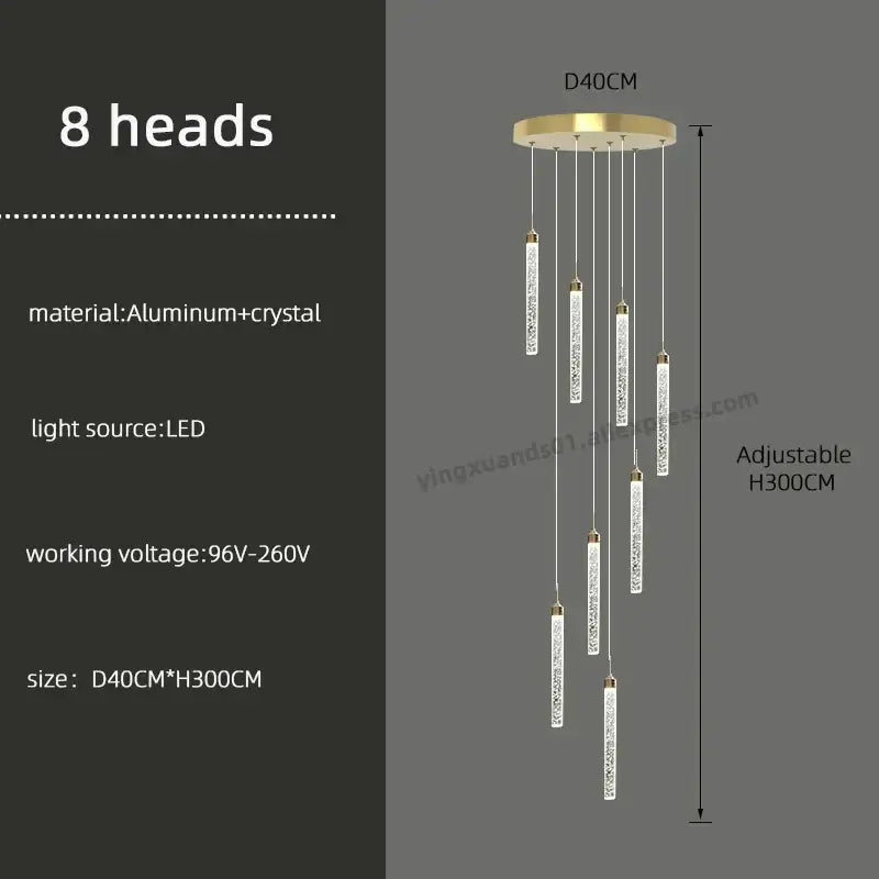Modern golden led crystal chandelier with eight crystal-encrusted aluminum arms for living room or staircase decorbites golden led
