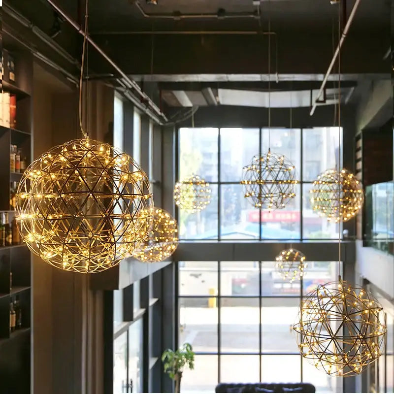 Modern golden led pendant light with intricate geometric wireframe design hanging from the ceiling for kitchen decorbites golden led pendant