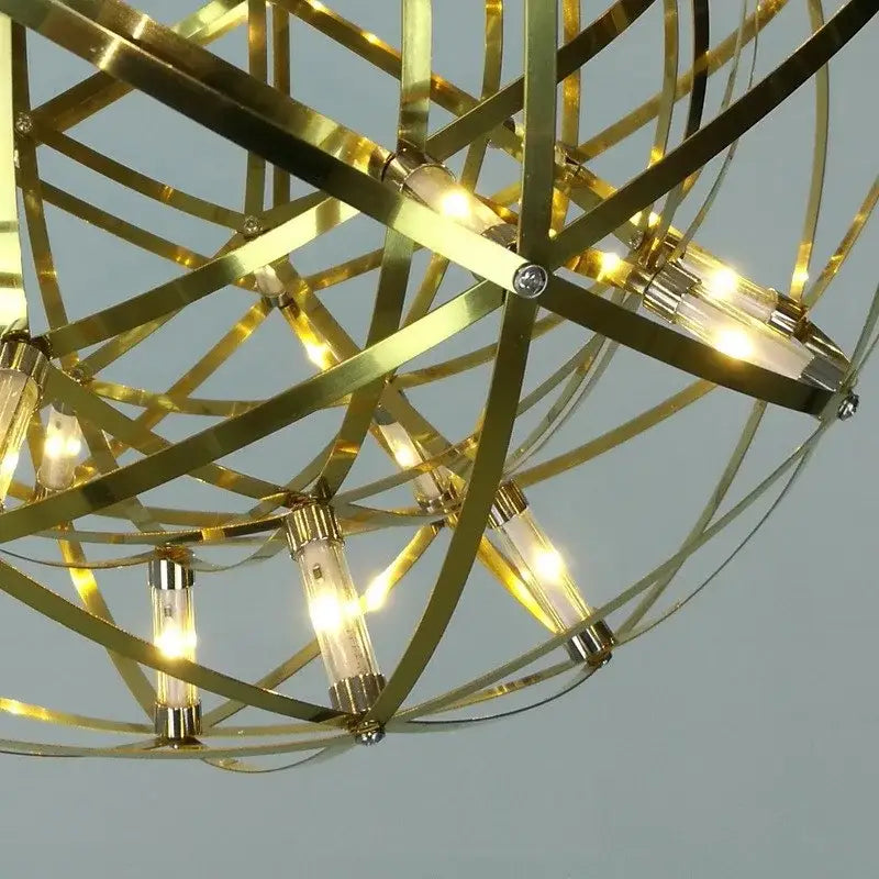 Modern golden led pendant light with brass spherical frame, intersecting bands, and clear glass bulbs for kitchen decorbites golden led