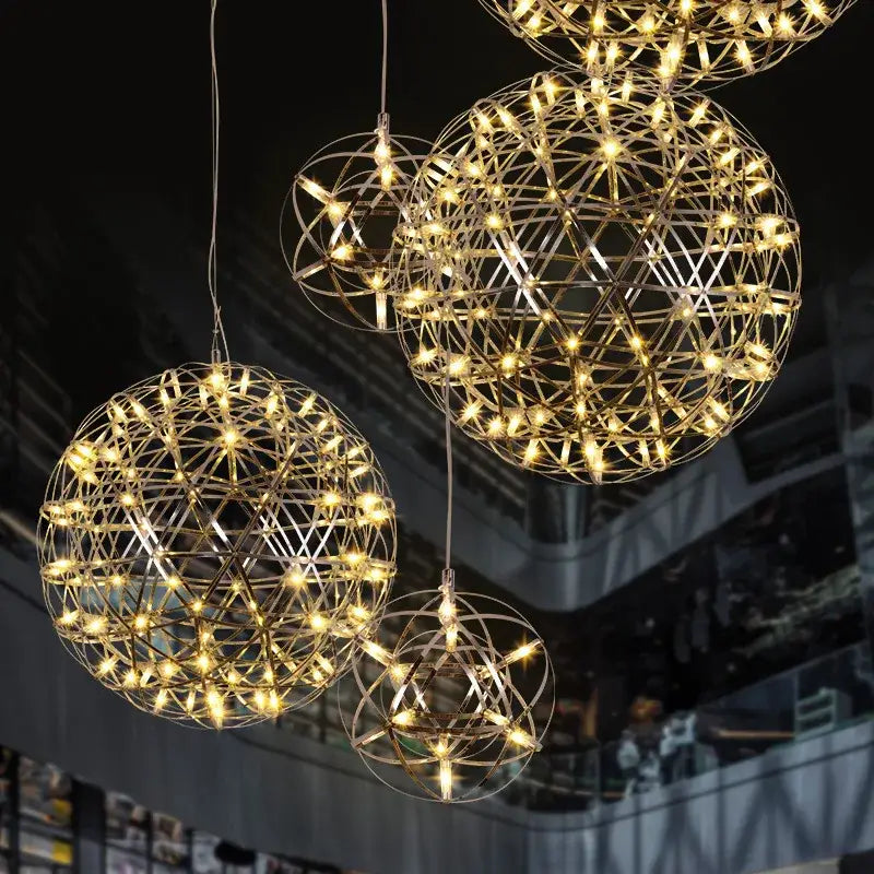 Modern golden led pendant light with intricate geometric wireframe and warm led bulbs for kitchen decorbites golden led