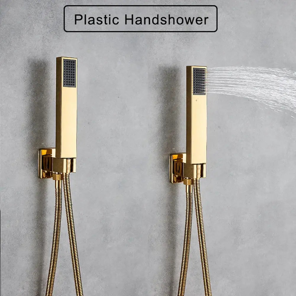 Modern golden led rainfall shower faucet with gold-finished rectangular handshower heads and flexible braided hoses by decorbites golden led