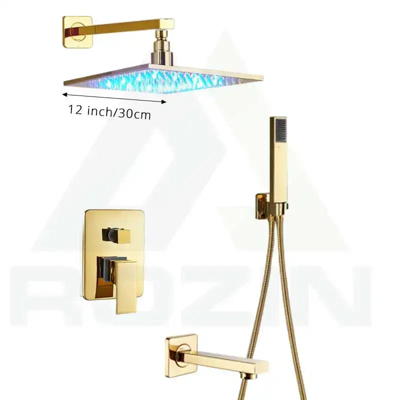 Modern golden led rainfall shower faucet with gold-finished brass spout 12-inch square rain shower head with blue led lighting decorbites golden led