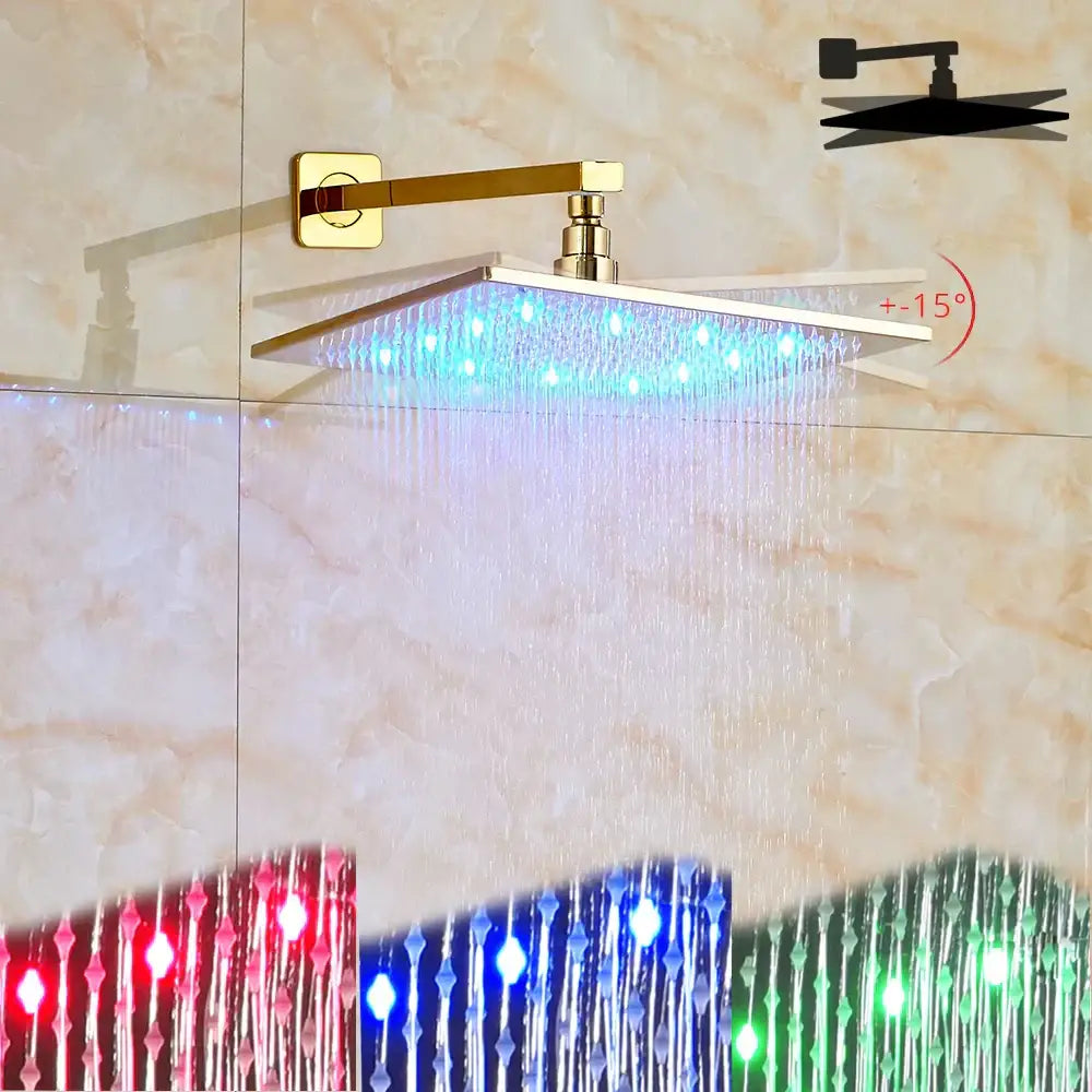 Modern golden led rainfall shower faucet with brass spout featuring gold-finished square showerhead and blue led lights