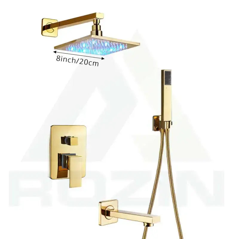 Modern golden led rainfall shower faucet with brass spout 8-inch gold-colored shower faucet with blue led lighting decorbites golden led