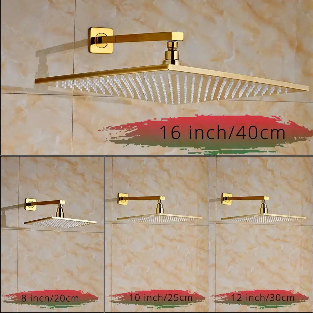 Modern golden led rainfall shower faucet with gold-finished brass spout and rectangular showerhead for stylish bathroom decorbites shower faucet