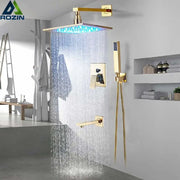 Modern golden led rainfall shower faucet with brass spout featuring gold-finished rozin brand rainfall shower head and blue led lighting decorbites golden led