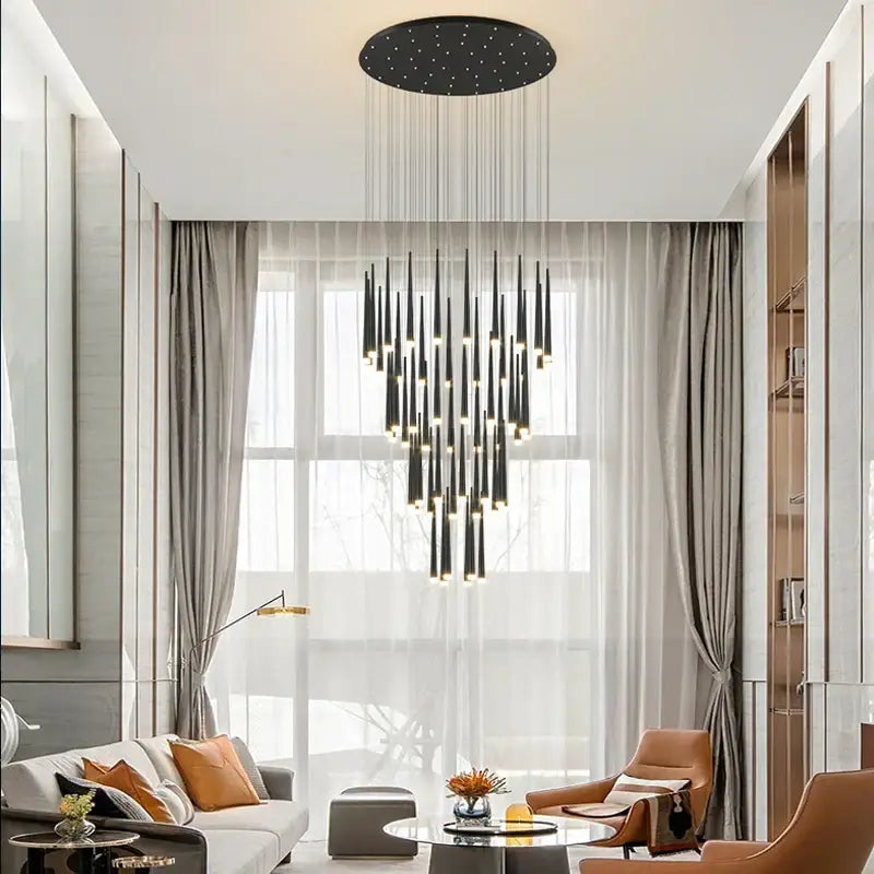 Black modern led tapered chandelier with slender rods and circular fixture perfect for decorbites golden led lighting