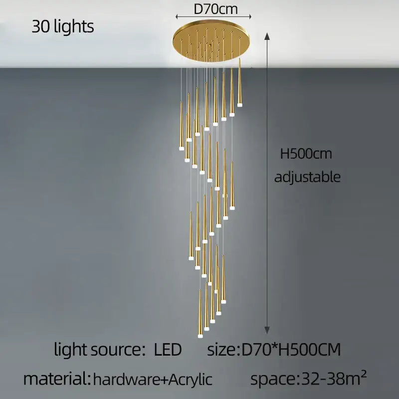 Modern golden led tapered chandelier with 30 cascading led lights for living room decorbites golden led lighting