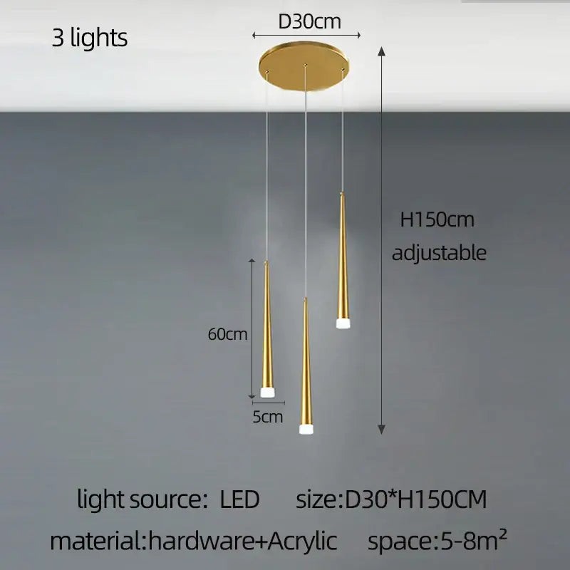 Modern golden led tapered chandelier with three slender acrylic shades suspended from circular base for living room decorbites golden led