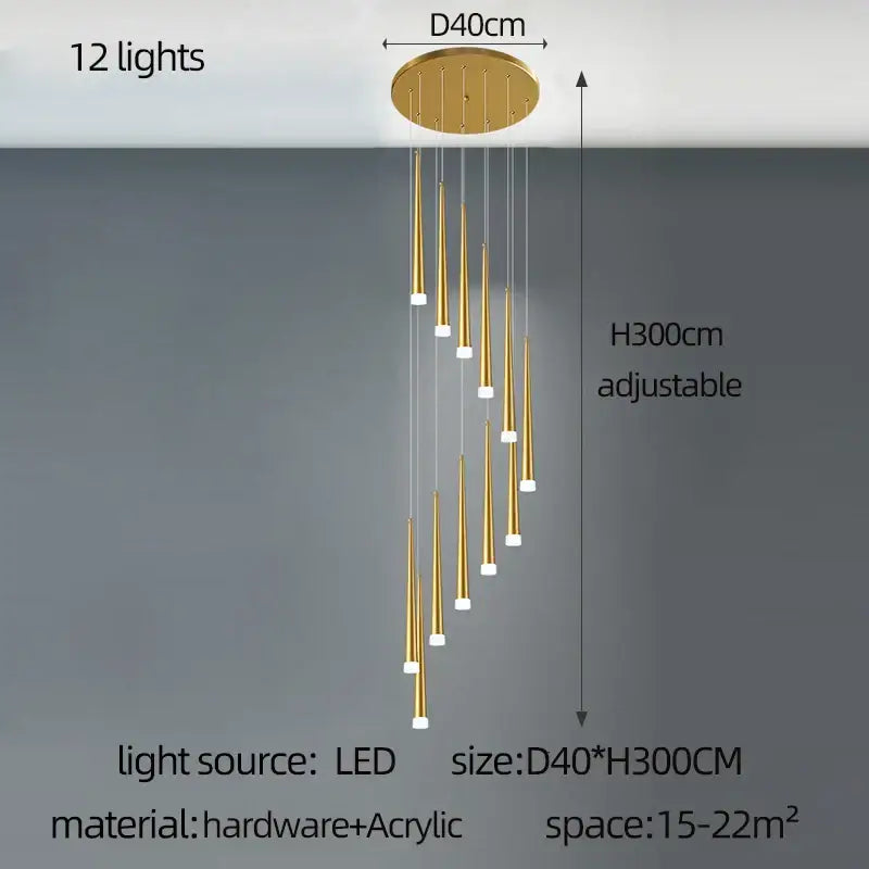 Modern golden led tapered chandelier with 12 led lights and acrylic cone fixtures for living room decorbites golden led lighting