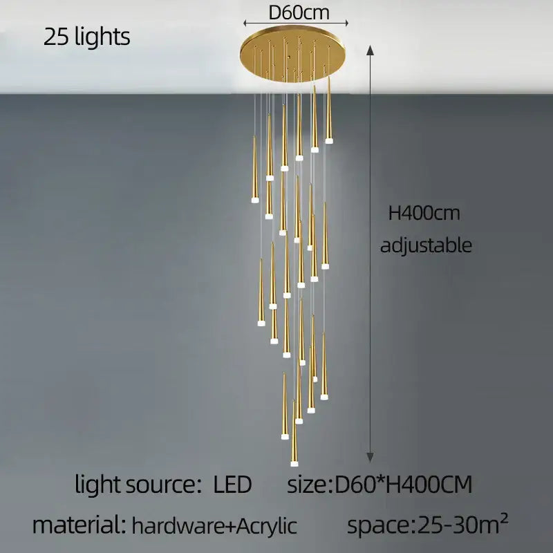 Modern golden led tapered chandelier with 25 lights and acrylic arms for living room decorbites golden led lighting