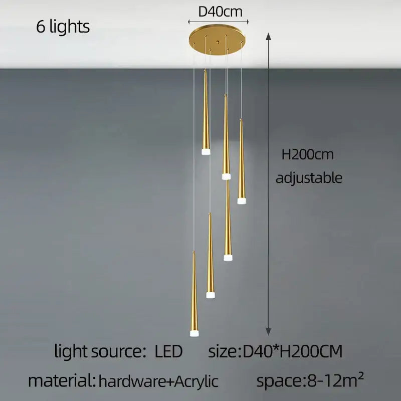 Modern golden led tapered chandelier with six adjustable lights suspended from circular hardware base for living room decorbites golden led